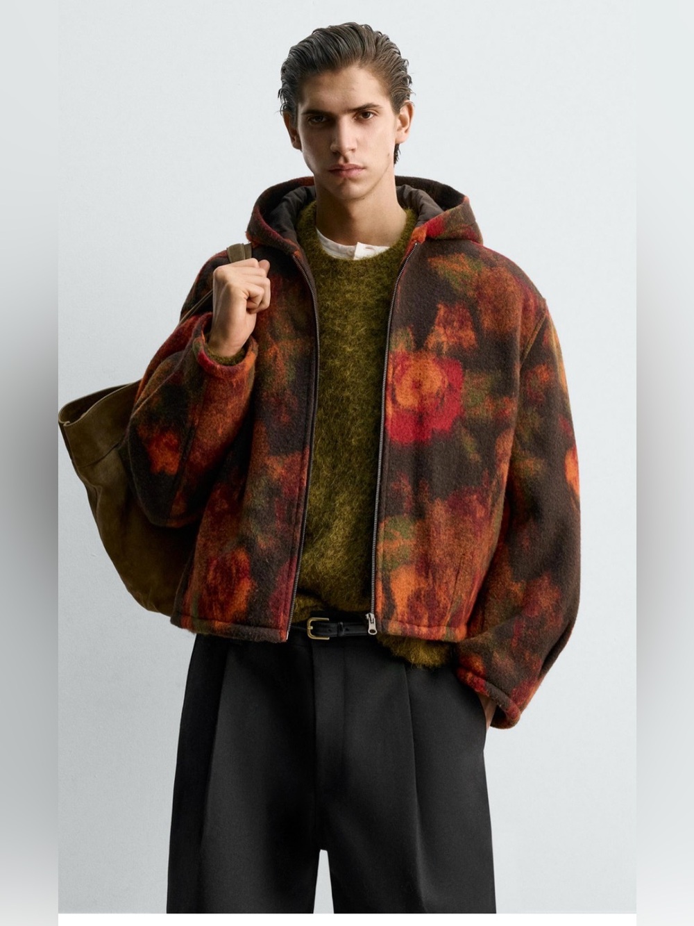 Zara Men Rare Floral Wool Blend Boxy Hooded Jacket Large BNWT